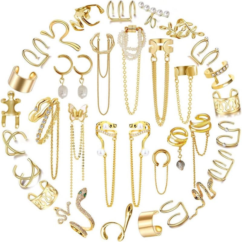 Coolkin 35 PCS Gold Silver Adjustable Ear Cuffs Earrings for Women Non-Piercing Cartilage Clip on Earrings Wrap Ear Jewelry Set,Punk Snake Butterfly Claw Stud Earrings for Women Gift - Image 1